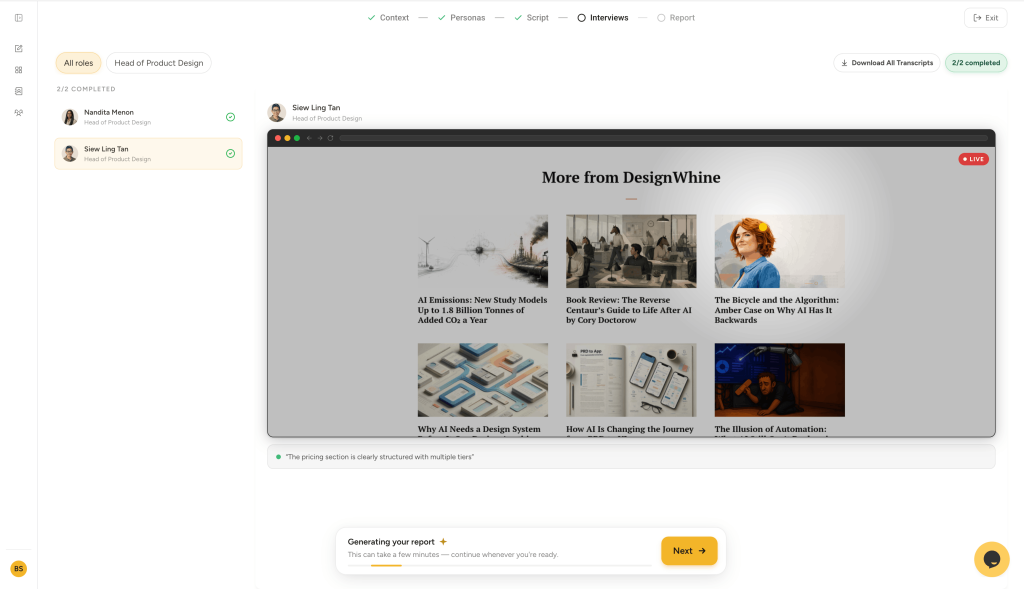 Synthetic User Research Got a $2 Billion Vote of Confidence. Can It Survive a Real Test? Articos synthetic participant incorrectly referring to pricing tiers on the DesignWhine landing page even though no pricing section existed.