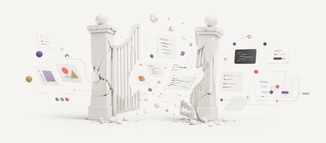 The Gates of Design Have Fallen Editorial illustration of a fractured design gate breaking open as interface, product and code elements flow through it, representing AI democratizing design across roles.