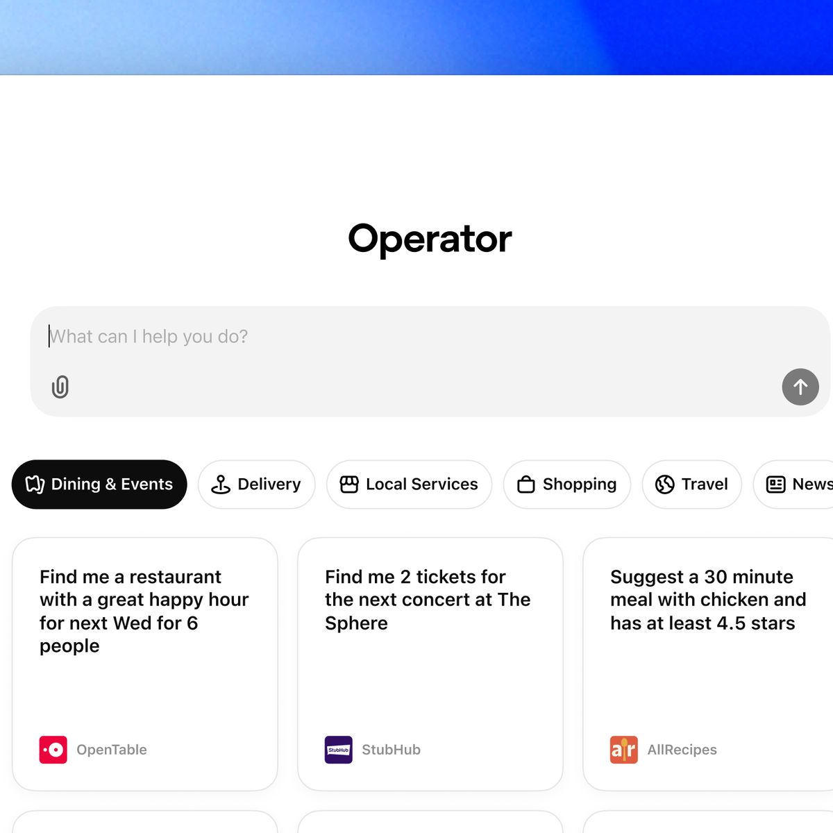 OpenAI GPT-6 Astra Can Use Software Like a Human. What Does That Mean for UX? OpenAI Operator interface showing task categories and example web actions in a browser-based AI agent experience.