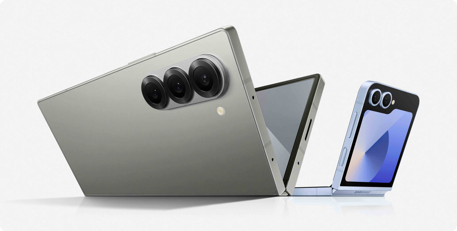 Foldable UX Design: How to Design Responsive Interfaces for Foldable Phones Samsung foldable phones shown partially folded, illustrating how device posture changes the available interface regions.