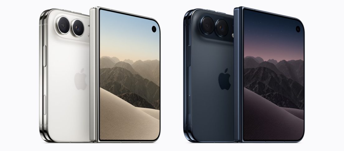 Apple’s iPhone Duo Tests the One Thing Foldables Never Solved: UX Apple iPhone Duo in Star White and Night Sky shown partly folded, emphasizing the transition between compact and expanded interfaces.