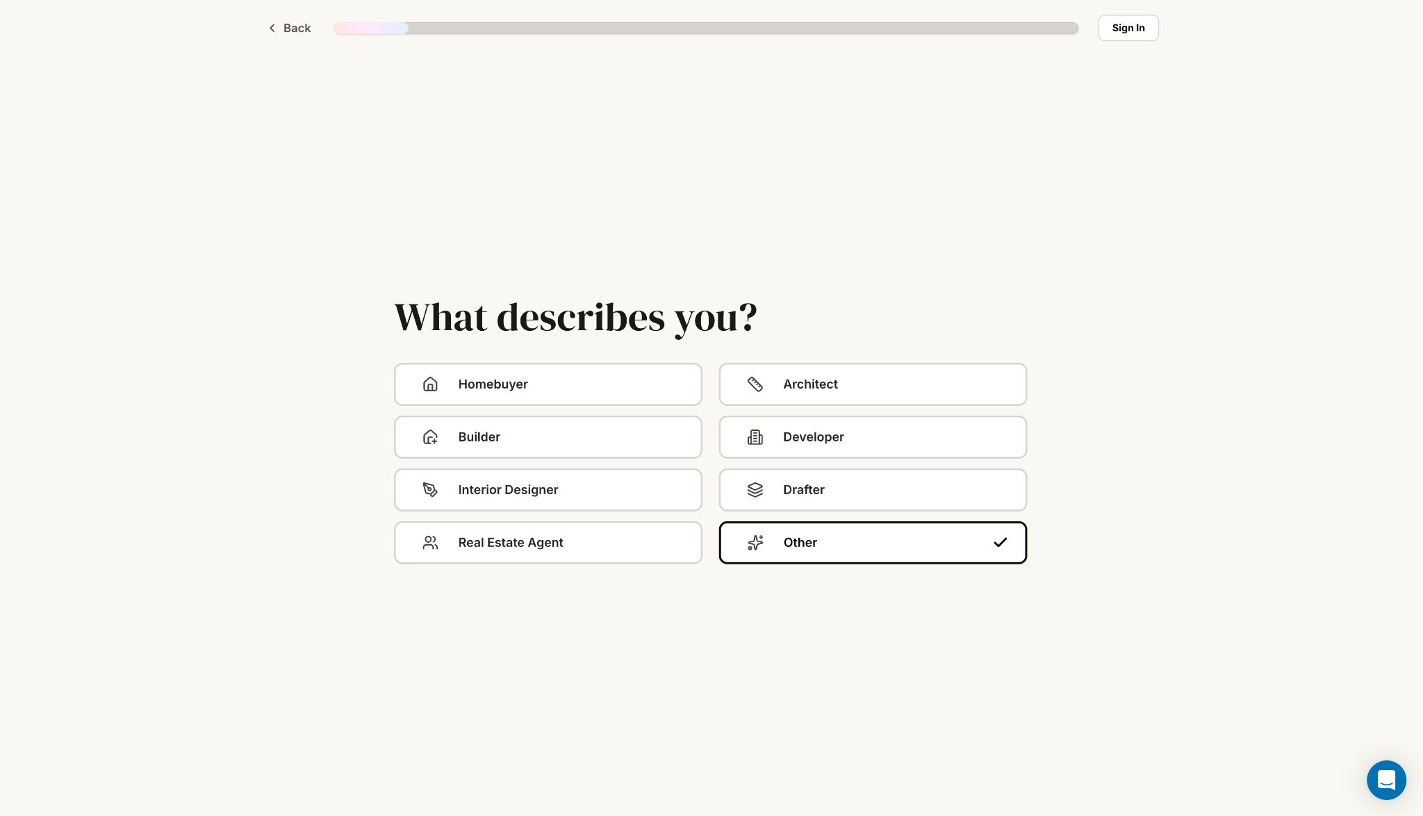 Drafted AI Review: Floor Plans Without the Blank Canvas Drafted onboarding screen asking users to identify as a homebuyer, architect, builder, developer, interior designer, drafter, real estate agent or other.