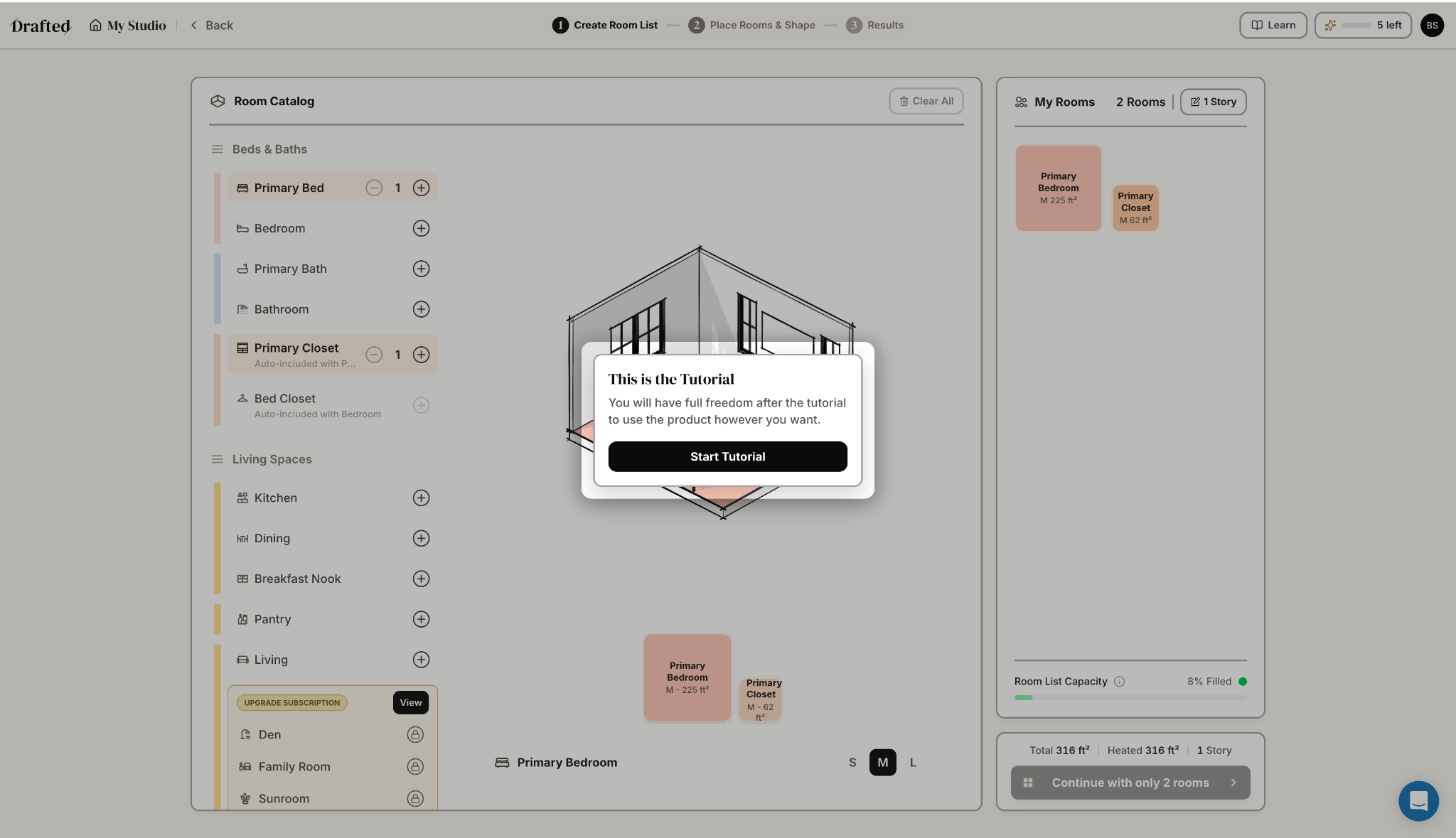 Drafted AI Review: Floor Plans Without the Blank Canvas Drafted onboarding screen showing a mandatory tutorial prompt with a Start Tutorial button.