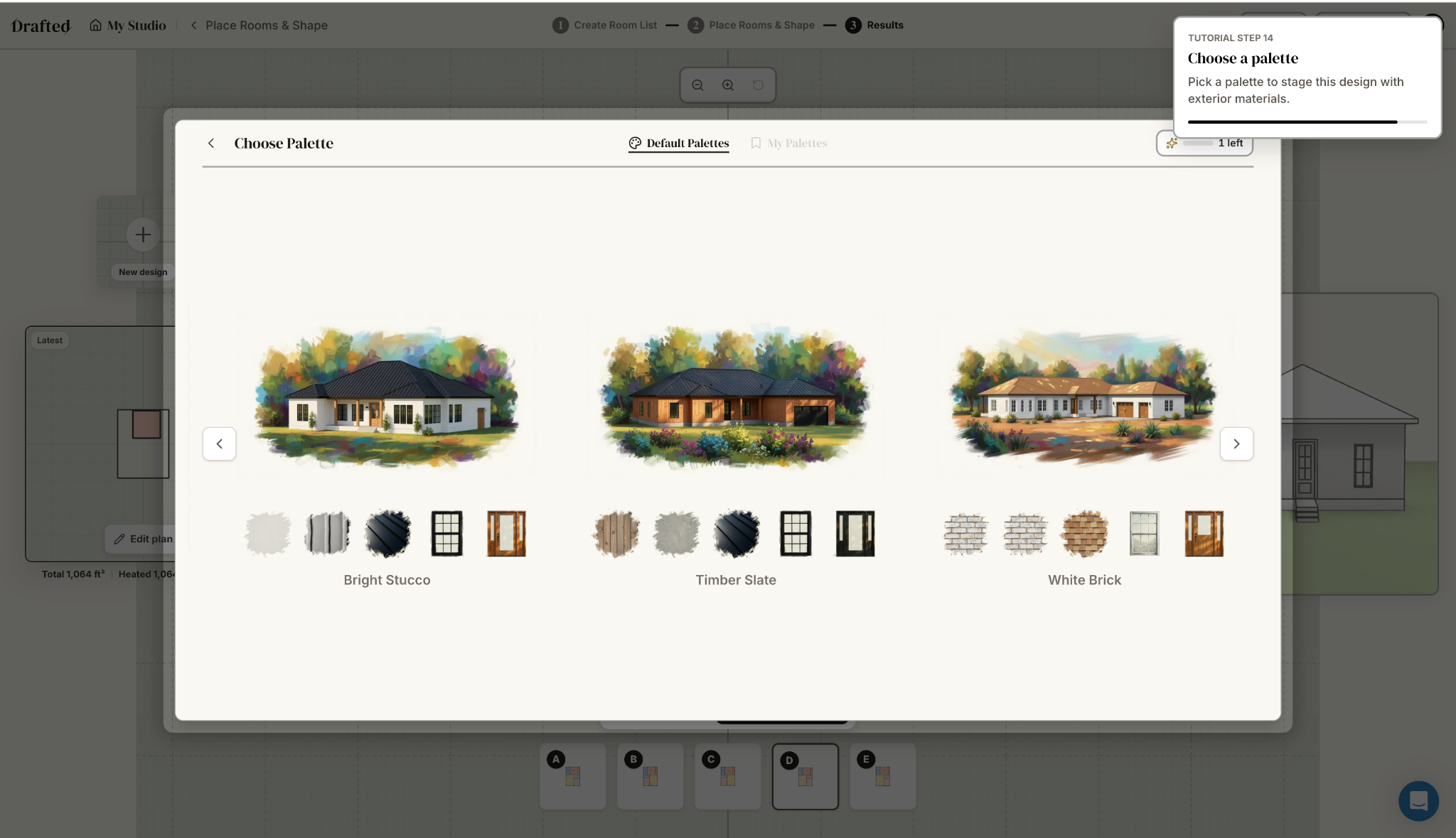 Drafted AI Review: Floor Plans Without the Blank Canvas Drafted material palette chooser showing three exterior design palettes for a generated residential concept.