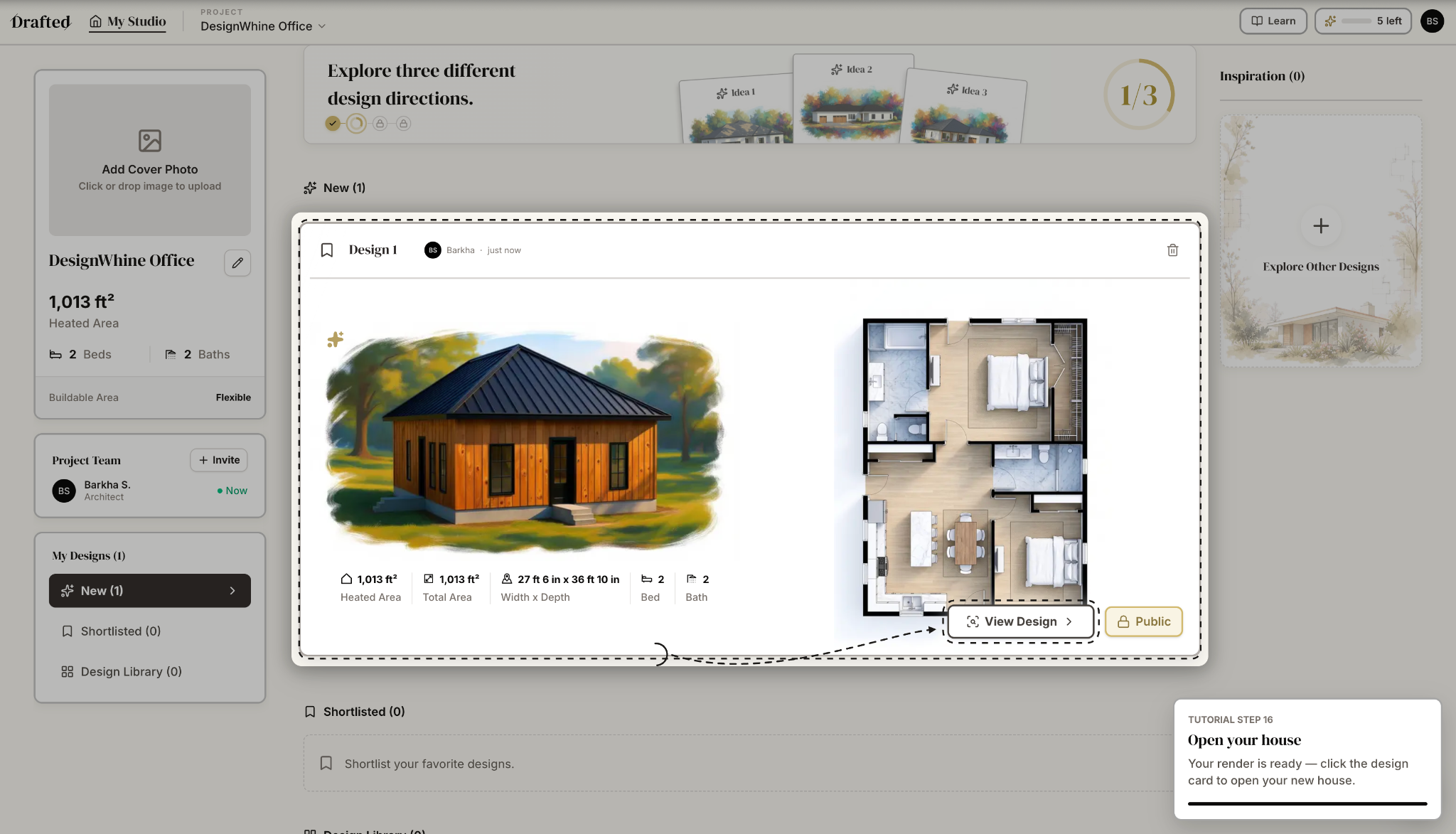 Drafted AI Review: Floor Plans Without the Blank Canvas Drafted project view showing a generated exterior concept alongside the corresponding furnished floor plan.