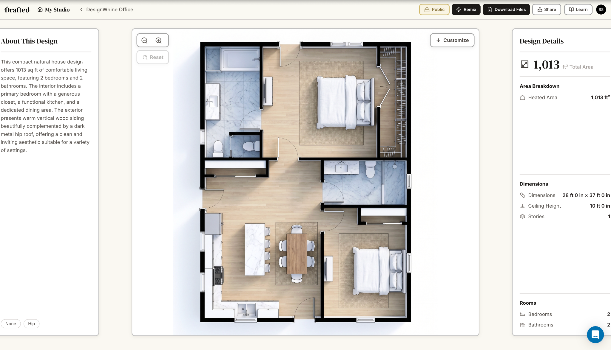 Drafted AI Review: Floor Plans Without the Blank Canvas Drafted generated two-bedroom floor plan showing the complete plan, dimensions and design details.