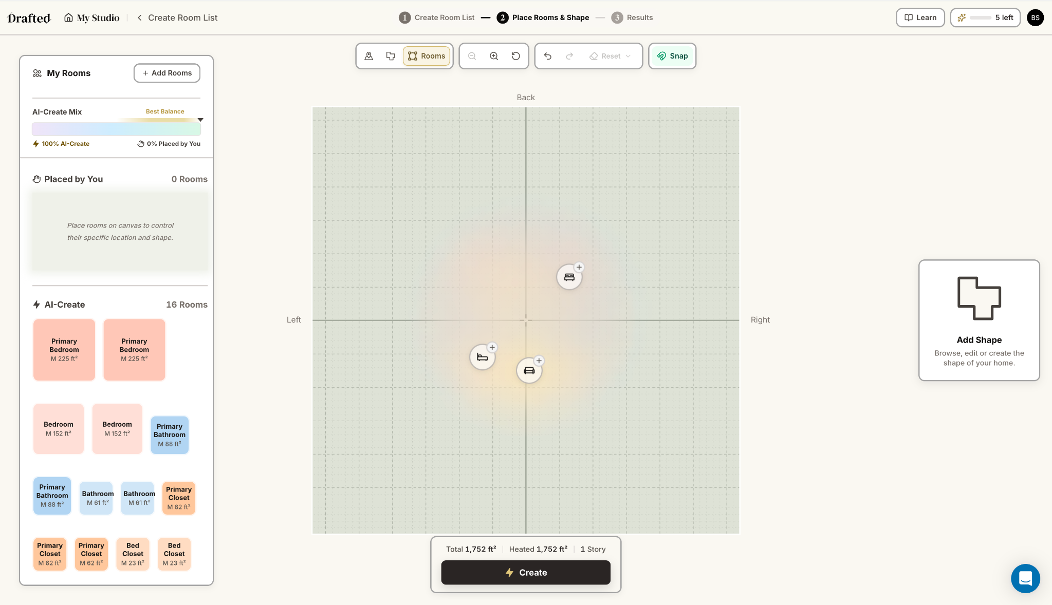 Drafted AI Review: Floor Plans Without the Blank Canvas Drafted room placement canvas showing AI-created rooms, room sizes and spatial placement controls before generation.