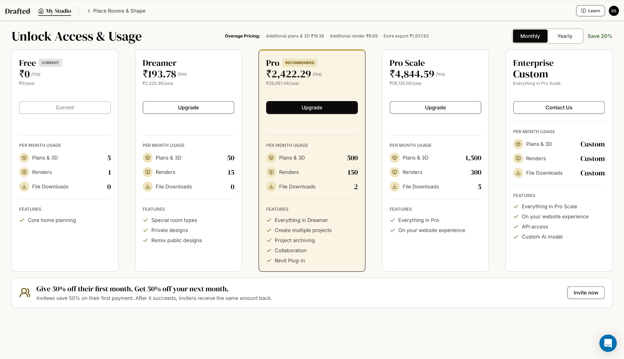 Drafted AI Review: Floor Plans Without the Blank Canvas Drafted subscription page showing Free, Dreamer, Pro, Pro Scale and Enterprise plans with usage and file download limits.