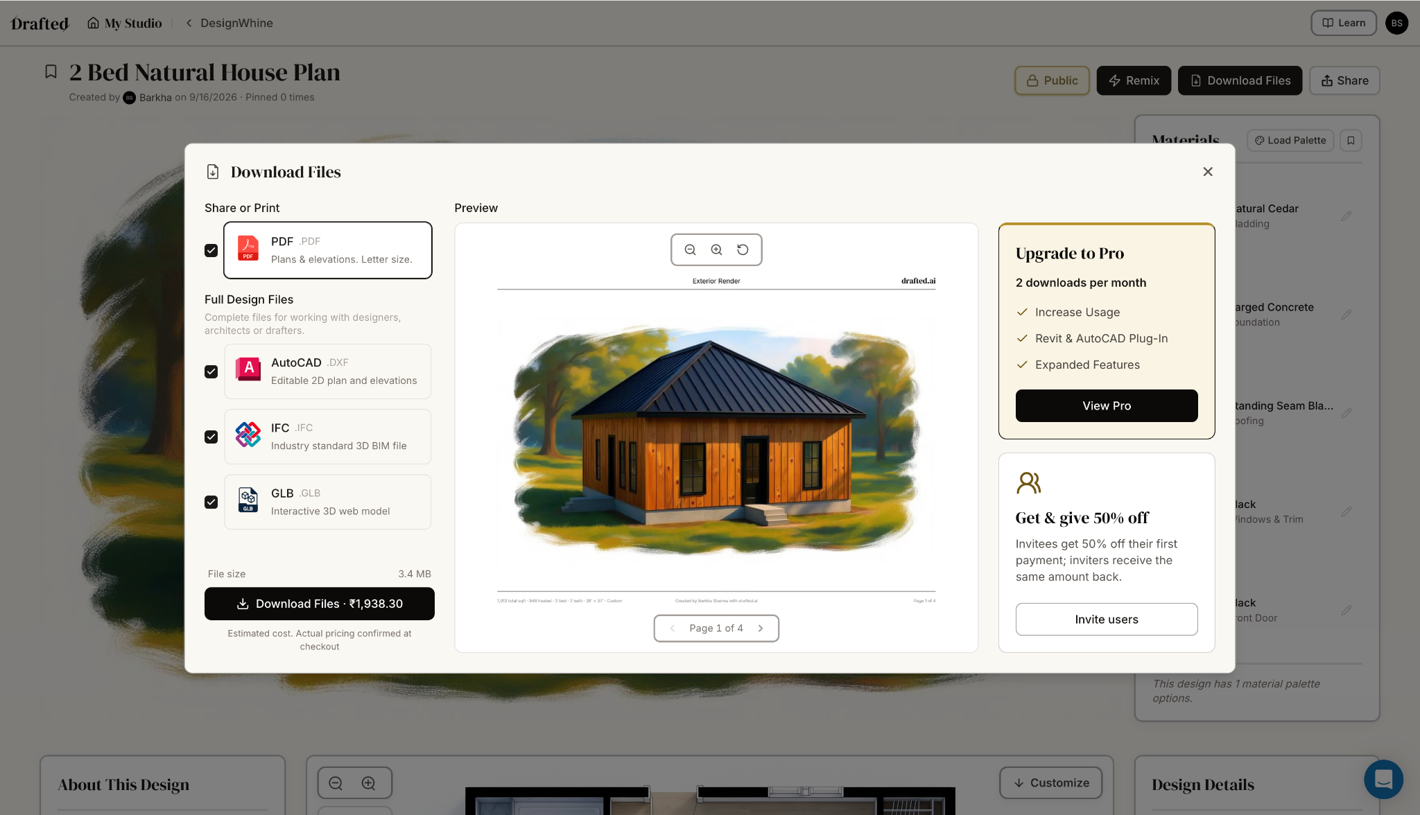 Drafted AI Review: Floor Plans Without the Blank Canvas Drafted download dialog showing PDF, AutoCAD DXF, IFC and GLB export options behind a paid download or Pro upgrade.