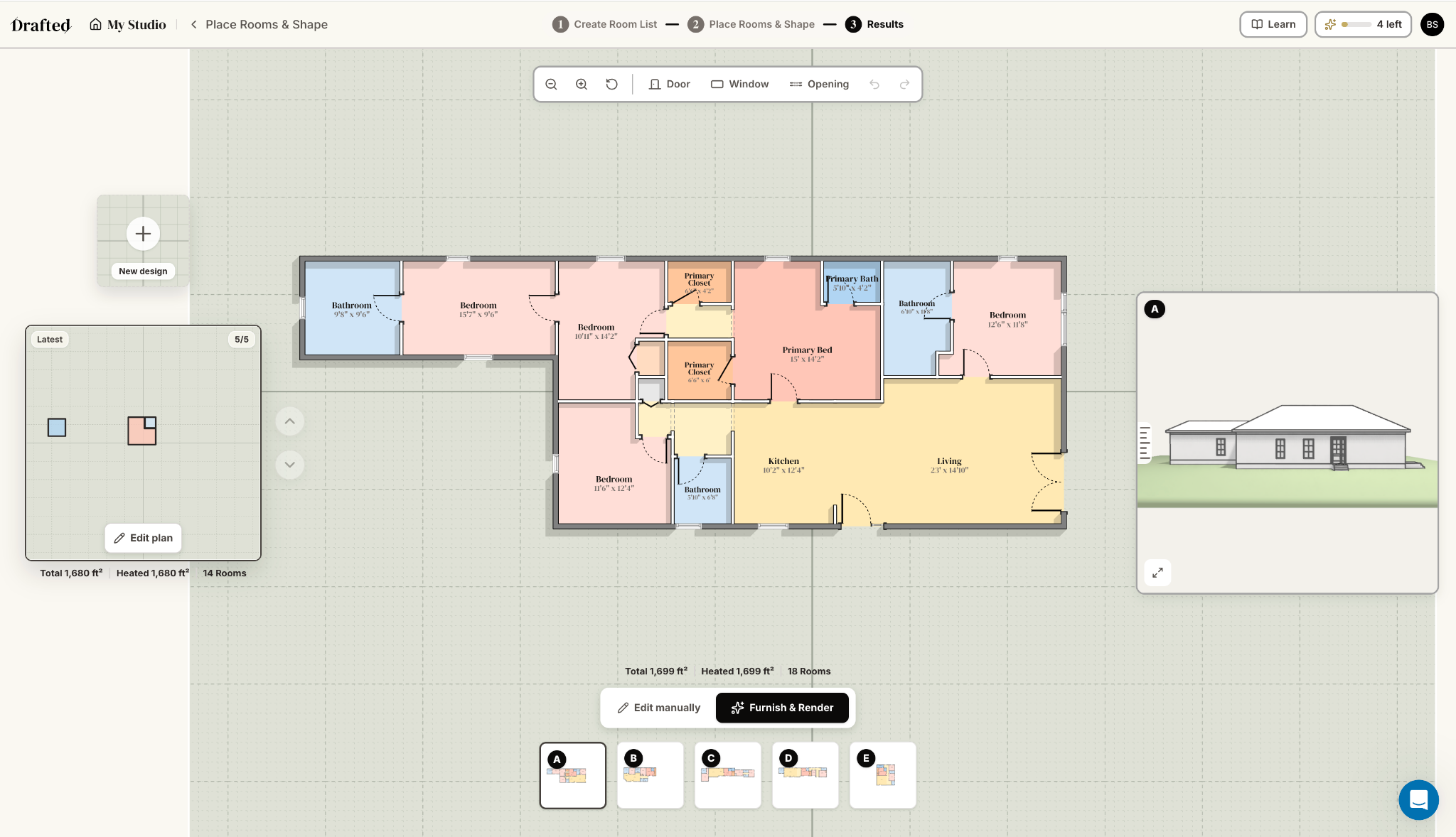 Drafted AI Review: Floor Plans Without the Blank Canvas Drafted room catalog configured for DesignWhine's complex brief test with three bedrooms, two bathrooms, kitchen, dining, living room and office.