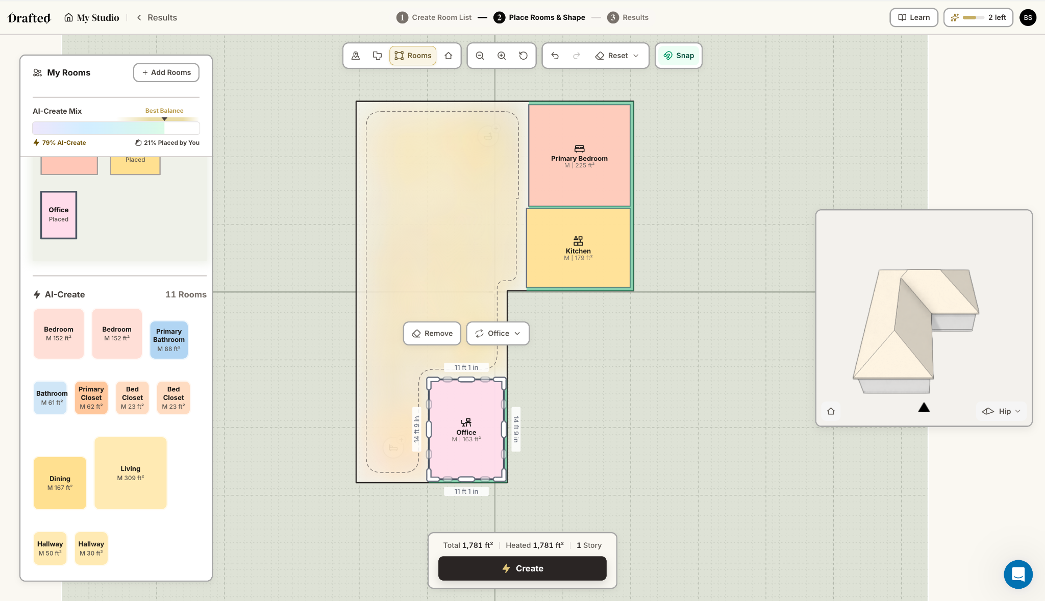 Drafted AI Review: Floor Plans Without the Blank Canvas Drafted constraint test showing manually placed primary bedroom, kitchen and office with an AI-Create Mix of 79 percent AI-created and 21 percent placed by the user.