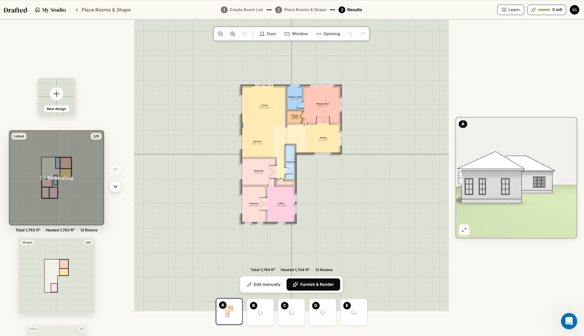 Drafted AI Review: Floor Plans Without the Blank Canvas Drafted generated result from DesignWhine's constraint test showing one of five AI-generated floor-plan schemes and the A to E variation selector.