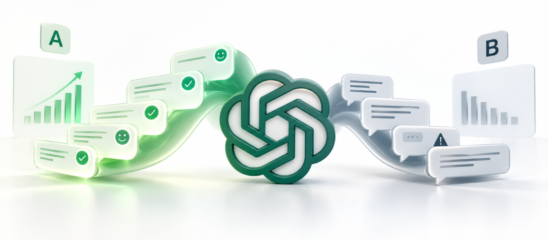Editorial illustration using the ChatGPT logo between two contrasting A/B test paths, showing how the higher-performing conversational variant can still represent the wrong UX outcome.