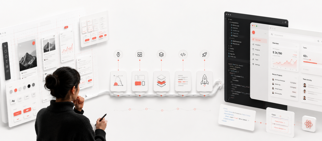 How to Become a Design Engineer When You’re Already a Product Designer Modern editorial illustration showing a product designer moving from interface design through a structured learning path into production code and a live product UI.