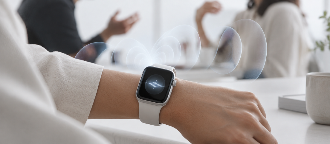 Apple Watch Series 12 Is Always Listening. Apple Thinks That's a Feature Editorial illustration of an Apple Watch sensing subtle sound waves from nearby conversation, representing ambient listening and bystander privacy.