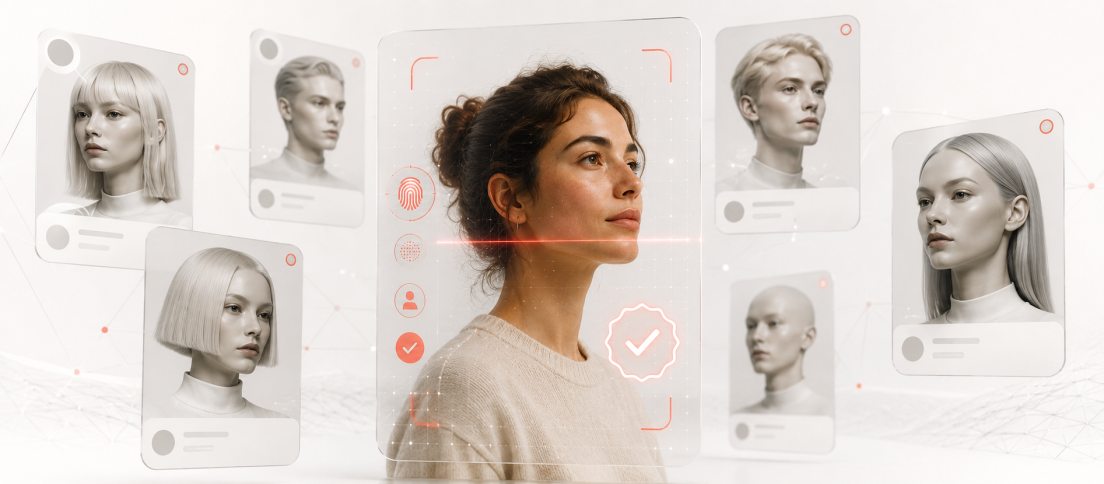 The Next Interface Problem Is Proving You’re Human Editorial illustration showing one realistic human being verified among several pale AI-generated profile identities, representing the challenge of distinguishing real people from synthetic personas online.