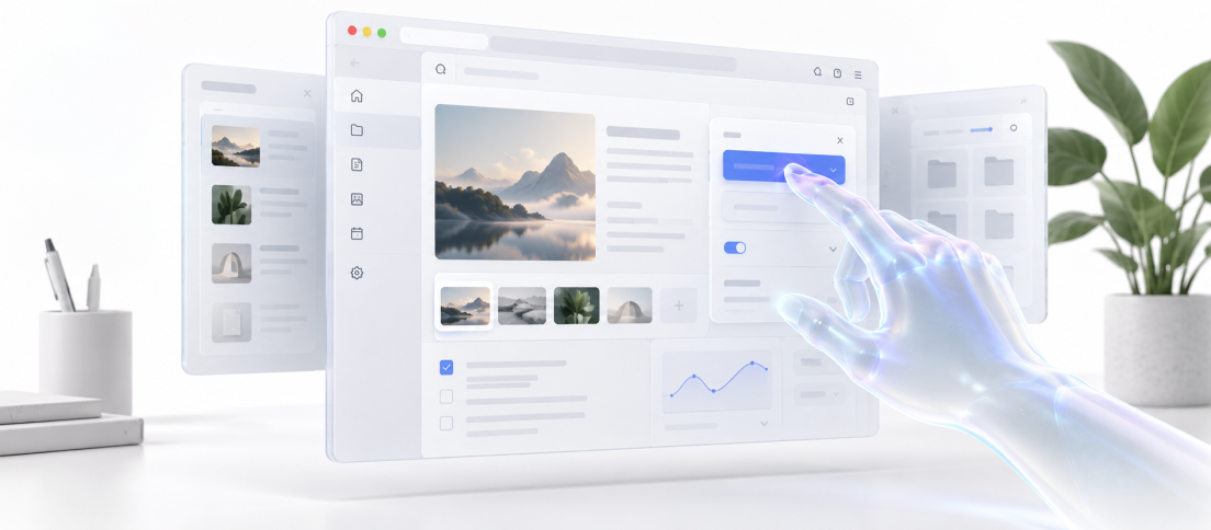 Editorial illustration of an AI agent directly interacting with controls in a desktop software interface without a visible API connection.