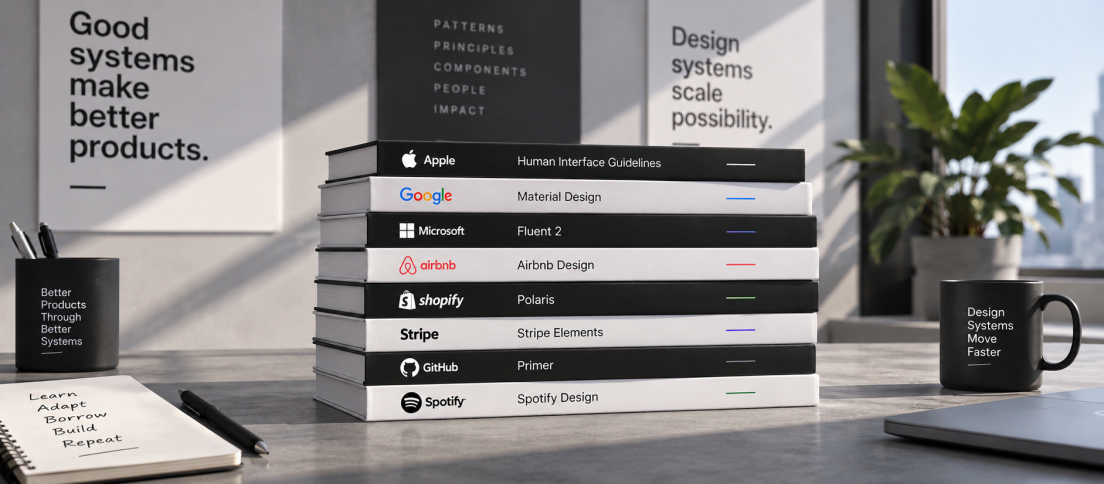 Editorial still life showing a curated stack of books representing major design systems worth studying in 2026.