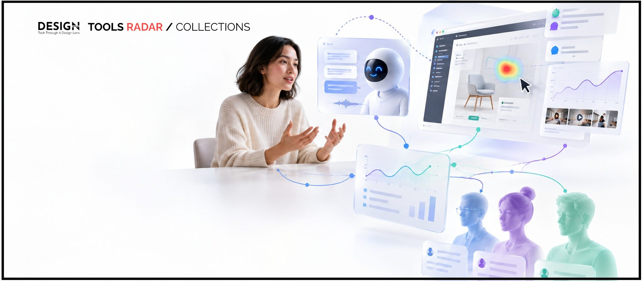 Best AI User Research Tools in 2026: 10 Platforms for Interviews, Testing and Synthetic Research Editorial artwork showing a real AI-moderated interview, usability testing interface and translucent synthetic personas as distinct forms of AI user research.