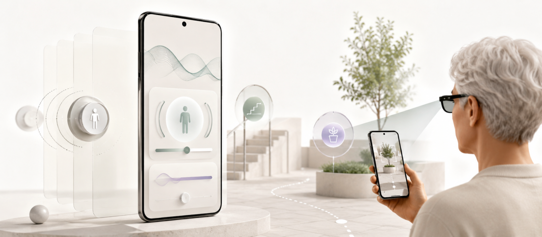 Android’s New Accessibility Tools Make the Interface Respond to Your Body and Surroundings Editorial illustration of a person holding a smartphone while adaptive interface cues respond to movement and identify objects in the surrounding environment.