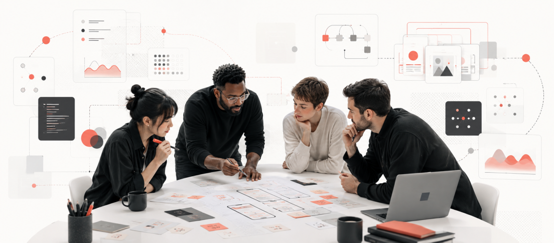 How to Build an AI-Native UX Team Without Destroying Your Design Practice Editorial illustration of a cross-functional UX and product design team reviewing research, interface flows and product decisions while AI-assisted workflows support prototyping, synthesis and implementation around them.