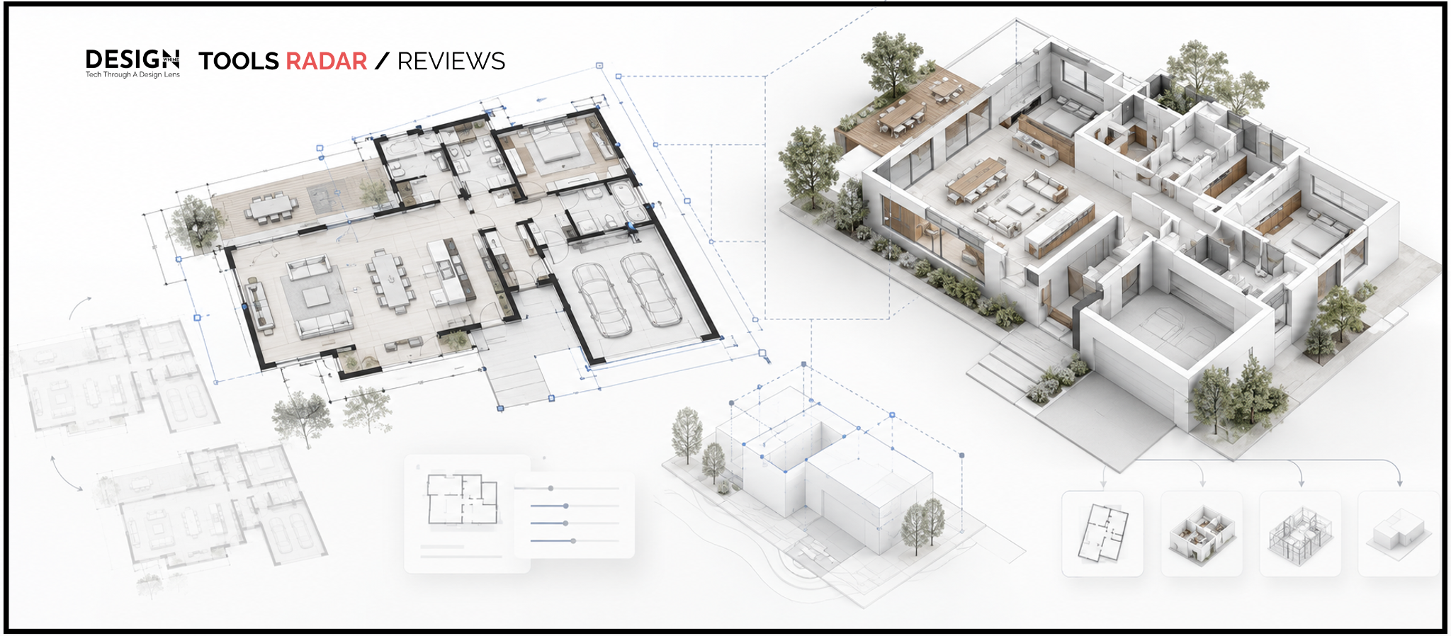 Drafted AI Review: Floor Plans Without the Blank Canvas Editorial illustration of an architectural floor plan transforming into a clean 3D house model with subtle CAD editing controls.
