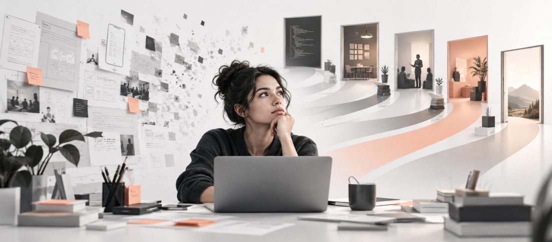Editorial illustration of a UX designer at a crossroads as familiar design artifacts recede and multiple career paths open beyond the workspace.