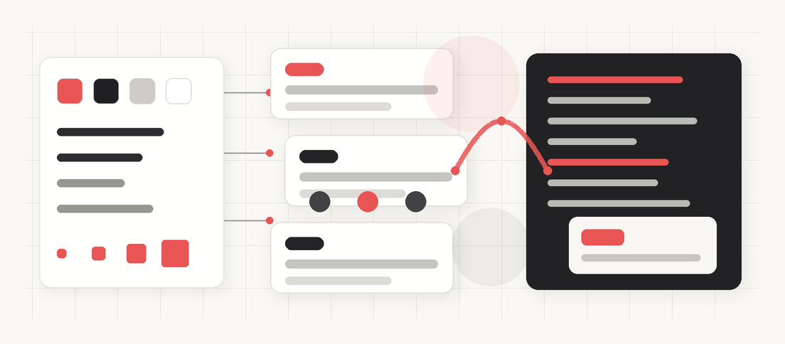 Editorial illustration showing design foundations and tokens flowing into reusable interface components, production code and a finished digital product.
