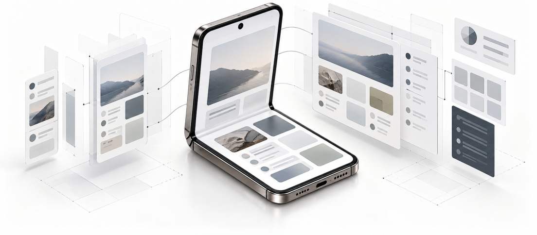 Editorial illustration of a foldable phone changing state while interface components and design-system modules reorganize around it.