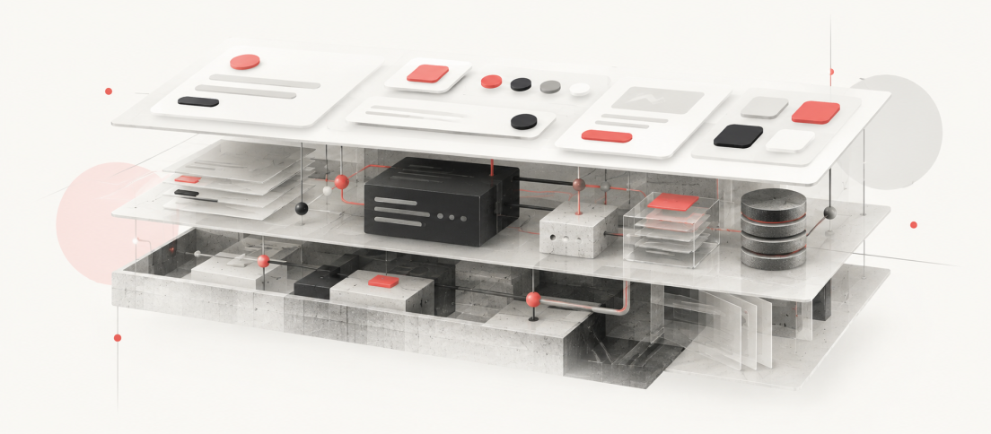 Editorial illustration showing a polished layer of interface components above deeper structural layers of code, documentation and governance, representing the difference between a UI kit and a design system.