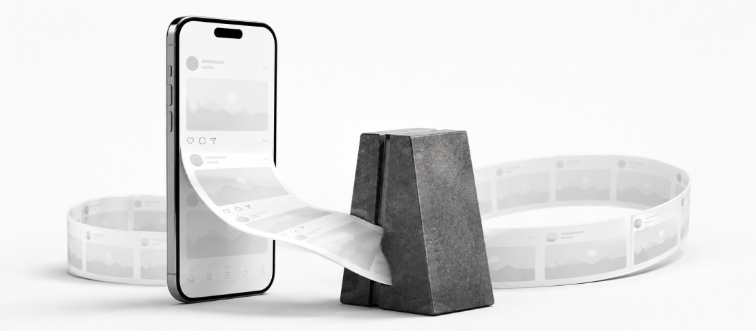 Meta’s $18 Billion Settlement Puts Addictive UX on Trial Editorial illustration of an endless social-media feed flowing from a smartphone and being interrupted by a heavy stone block, representing legal and financial consequences for addictive UX.
