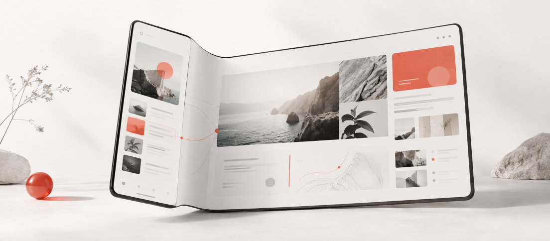 Editorial illustration showing interface context expanding across a folded surface into a wider workspace.