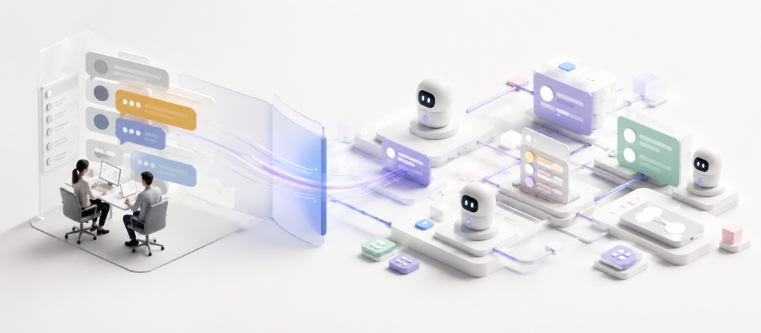 Meta Is Switching to Slack for AI Agents. The Workplace Interface Is Changing Editorial illustration showing two coworkers using a conversational workspace connected to a network of AI agents and workflow interfaces.