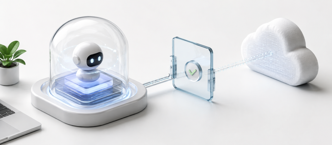 Perplexity’s New Local AI Agent Has to Ask Before It Goes to the Cloud Editorial illustration showing an AI agent protected inside a local device environment with a permission gate separating it from a cloud connection.