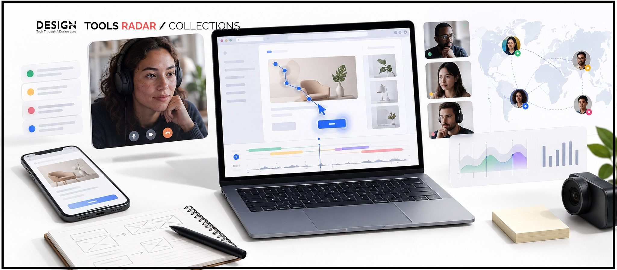 Best Usability Testing Tools in 2026: 5 Platforms for Product and UX Teams Editorial artwork of a usability test with a prototype interface, participant observation and analysis cues on a clean white canvas.