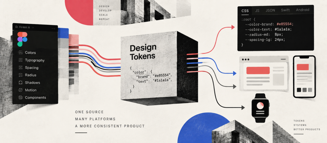 Editorial collage showing design tokens carrying shared design decisions from a design system into code and multiple product platforms.