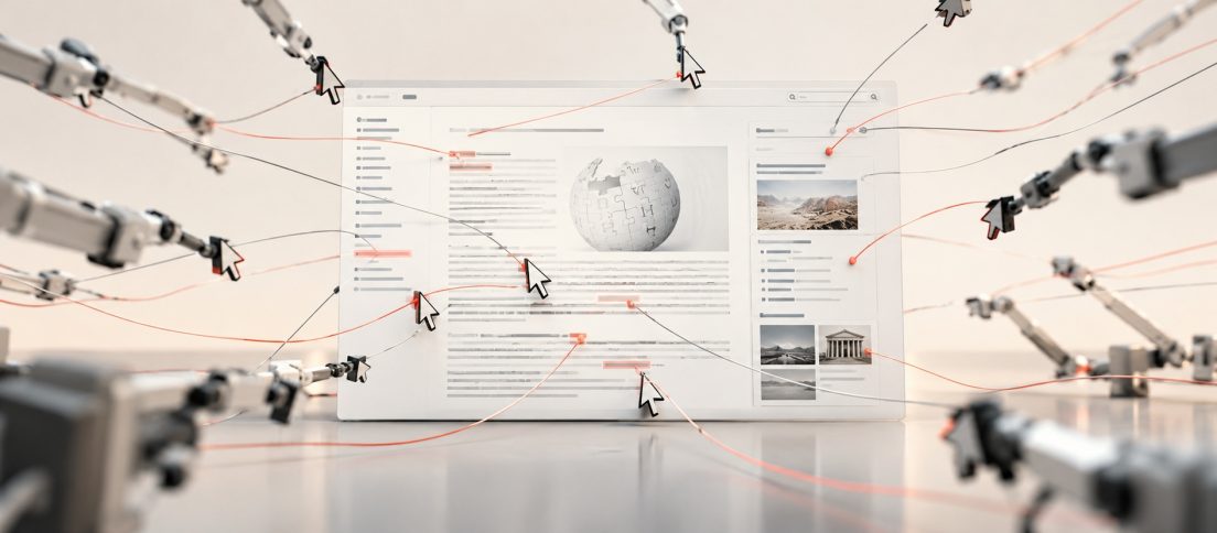 Editorial illustration of a Wikipedia-like page being simultaneously probed and manipulated by many automated agents.