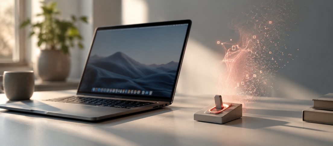 Editorial image of a laptop beside a physical switch as an AI presence dissolves away, representing the choice to disable AI.