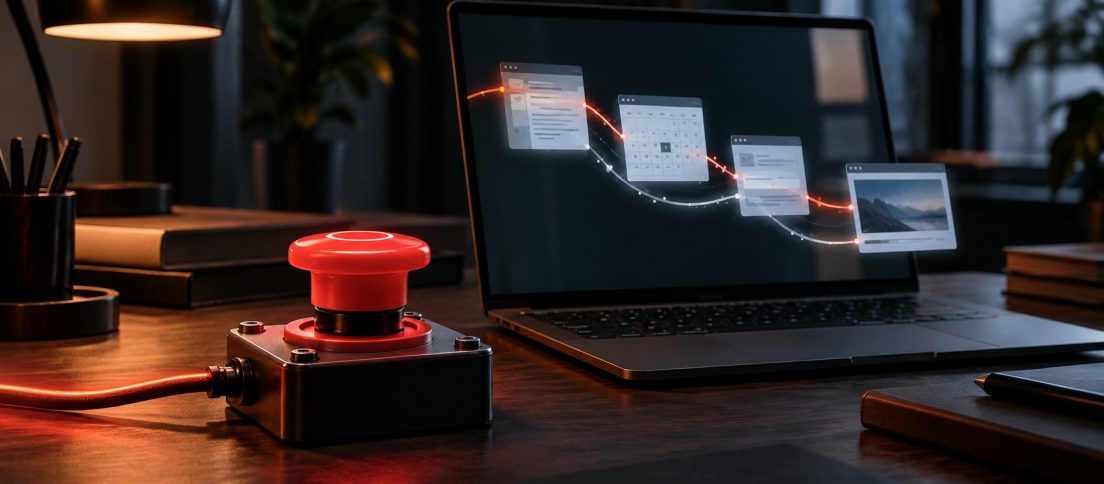 Editorial image of a physical emergency stop button beside a laptop running an autonomous multi-step workflow.