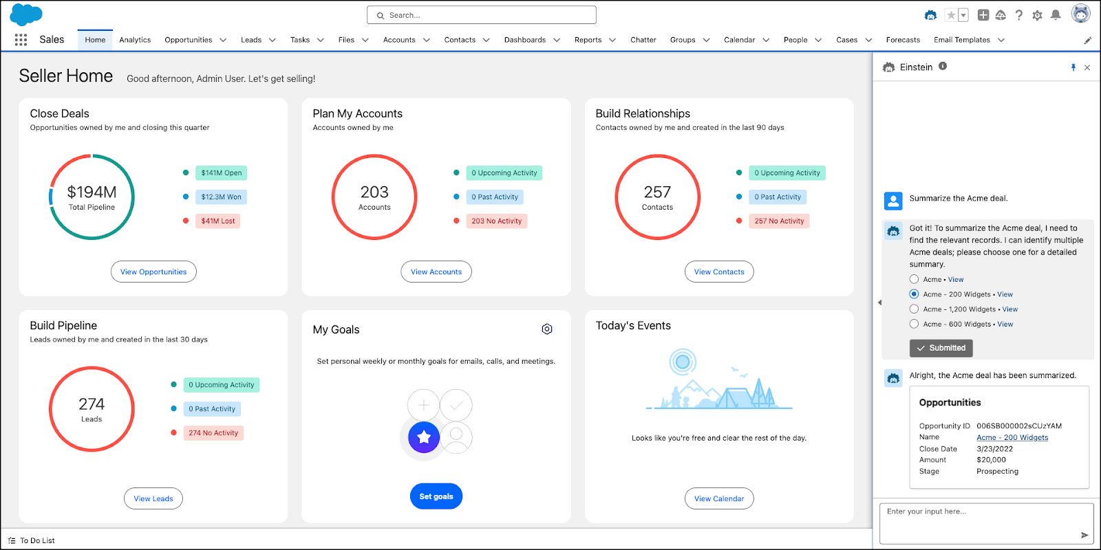 Salesforce Seller Home dashboard with account metrics and the Einstein assistant.