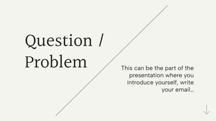 Minimal PechaKucha slide with large white space, a diagonal divider and a short prompt.