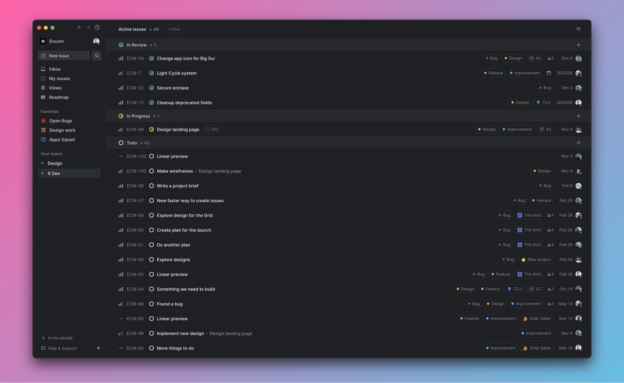 Linear’s dark issue tracker displaying active issues in a focused list view.
