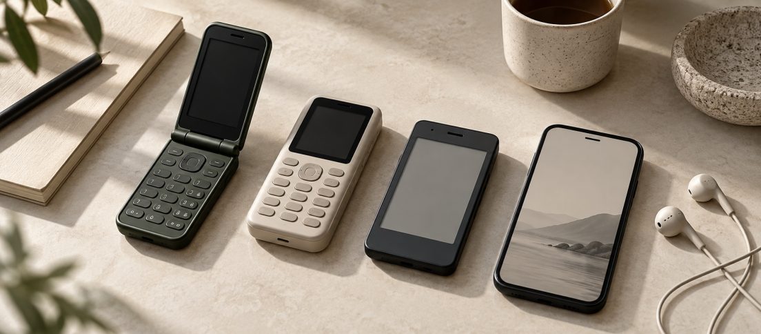 Best Dumb Phones in 2026: The Minimalist Phones That Actually Make Sense A group of minimalist phone archetypes including a flip phone, keypad phone, monochrome slab and restrained touchscreen device.