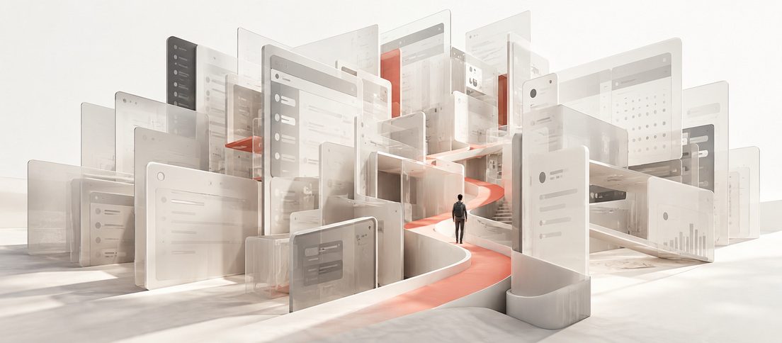 Conceptual editorial artwork of a person navigating a coral path through a maze of translucent software interface panels.