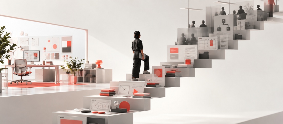 The UX Career Ladder Is Becoming a Trap Editorial illustration of a UX designer pausing on a rising career staircase as design work gives way to management and organizational layers.