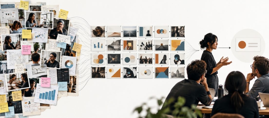 Editorial illustration showing a large set of UX research artifacts being distilled into a 20-frame PechaKucha storyboard presented to a product team.