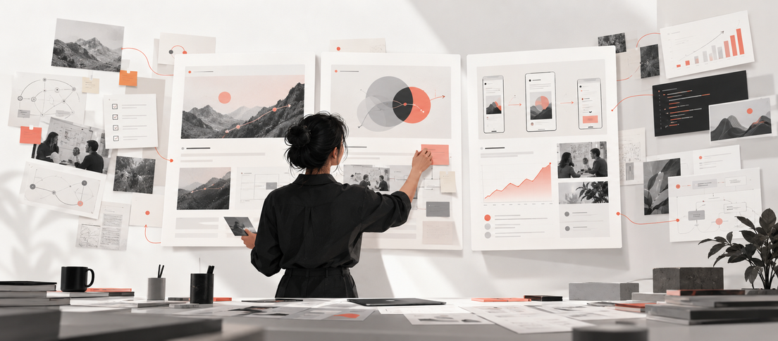 Editorial illustration of a senior product designer organizing research, interface work, decisions and outcomes into a curated portfolio board.