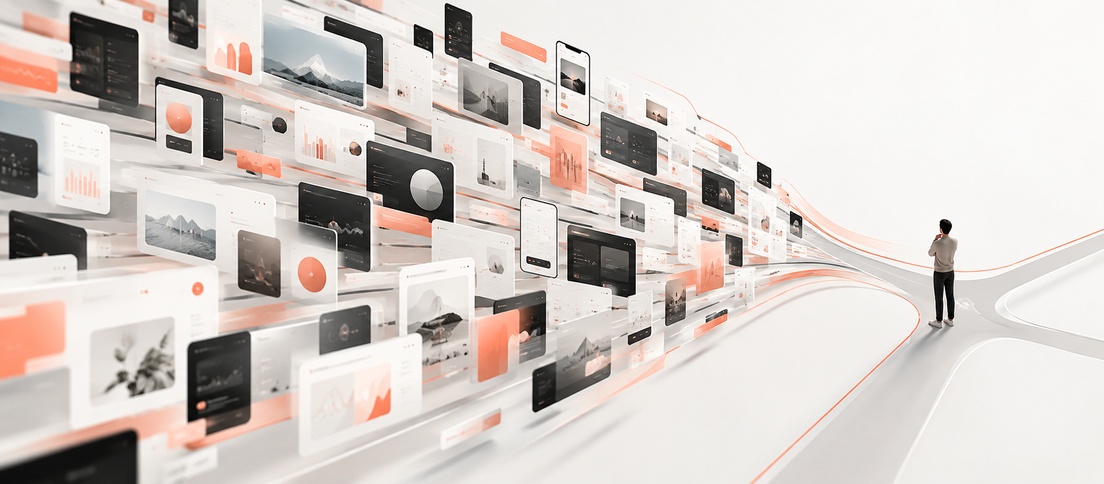 Editorial illustration of many polished product interface prototypes moving rapidly toward a constrained human decision point.