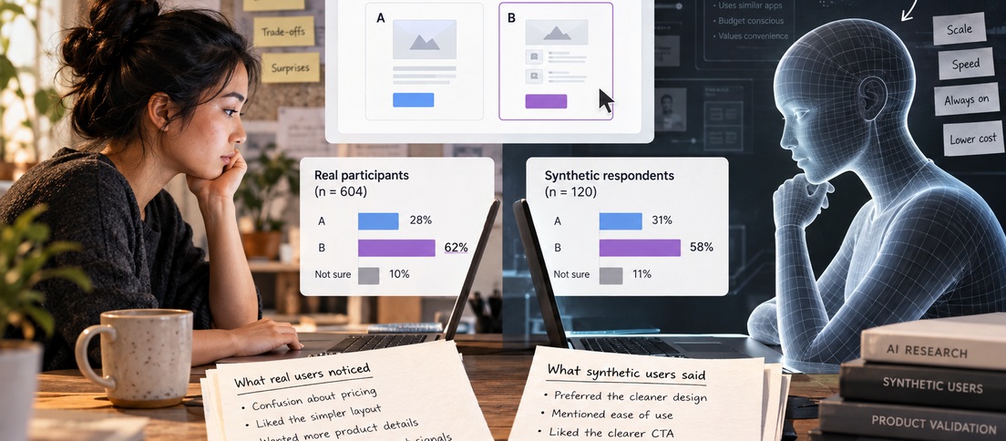 Editorial illustration comparing real UX research participants with synthetic AI respondents reviewing the same design test.