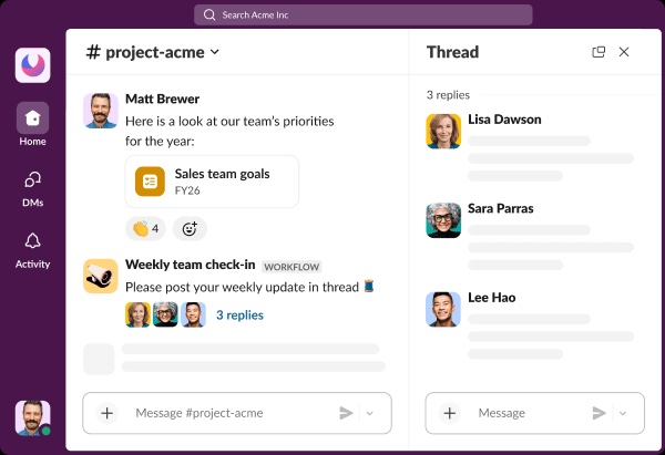 Slack desktop interface with a channel, thread pane and Activity navigation.